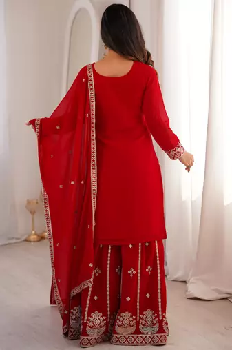 Dreamy Red Dori Embroidered Georgette Engagement Wear Sharara Suit