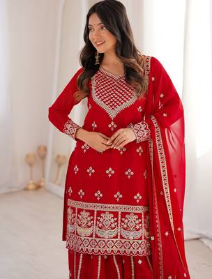 Dreamy Red Dori Embroidered Georgette Engagement Wear Sharara Suit 9