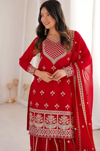 Dreamy Red Dori Embroidered Georgette Engagement Wear Sharara Suit