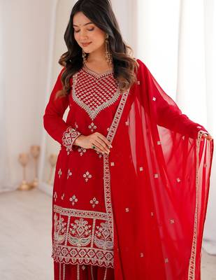 Dreamy Red Dori Embroidered Georgette Engagement Wear Sharara Suit 10