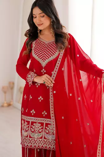 Dreamy Red Dori Embroidered Georgette Engagement Wear Sharara Suit