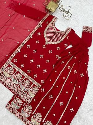 Dreamy Red Dori Embroidered Georgette Engagement Wear Sharara Suit 11