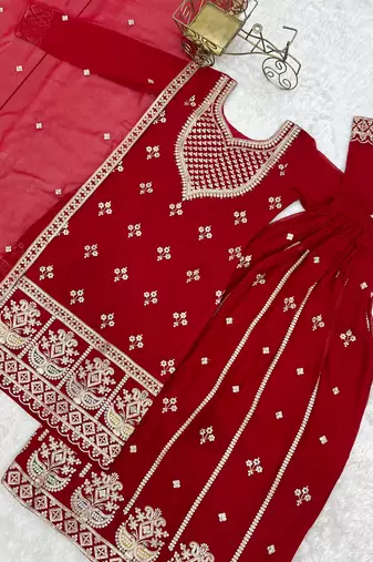 Dreamy Red Dori Embroidered Georgette Engagement Wear Sharara Suit