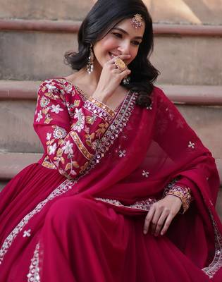 Noteworthy Pink Floral Work Georgette Engagement Wear Gown With Dupatta 7