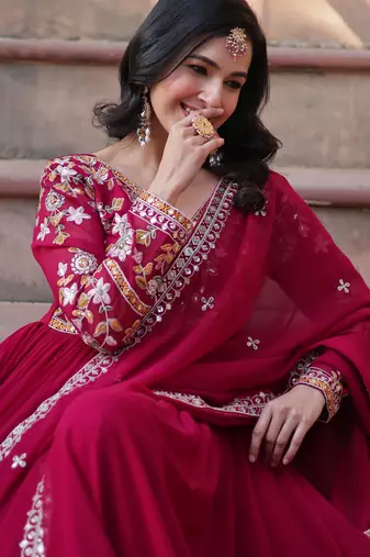 Noteworthy Pink Floral Work Georgette Engagement Wear Gown With Dupatta