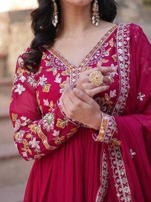 Noteworthy Pink Floral Work Georgette Engagement Wear Gown With Dupatta 8