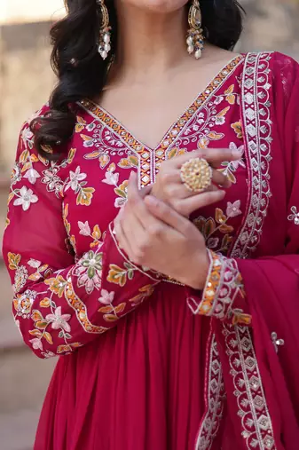 Noteworthy Pink Floral Work Georgette Engagement Wear Gown With Dupatta