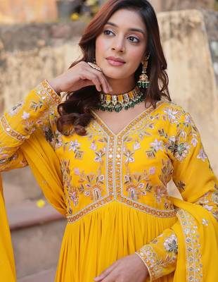 Artistic Yellow Thread Work Georgette Haldi Wear Gown With Dupatta 7