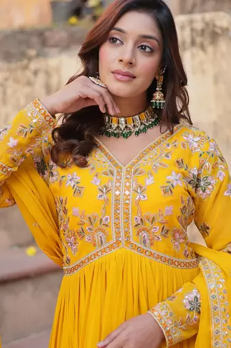 Artistic Yellow Thread Work Georgette Haldi Wear Gown With Dupatta