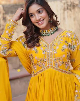 Artistic Yellow Thread Work Georgette Haldi Wear Gown With Dupatta 8