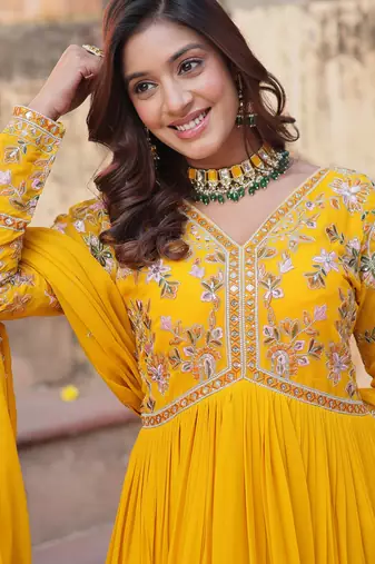 Artistic Yellow Thread Work Georgette Haldi Wear Gown With Dupatta