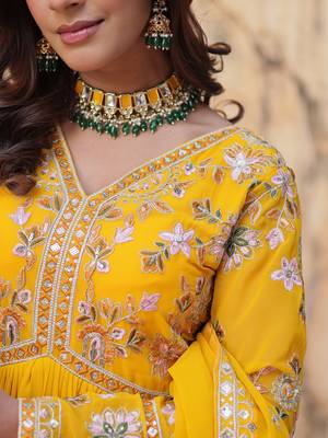 Artistic Yellow Thread Work Georgette Haldi Wear Gown With Dupatta 9