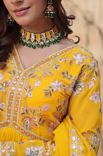 Artistic Yellow Thread Work Georgette Haldi Wear Gown With Dupatta