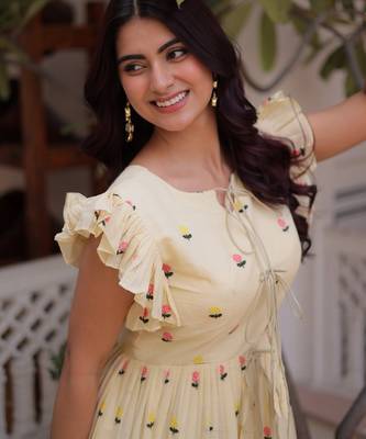 Incredible Cream Embroidered Cotton Daily Wear Dress 7