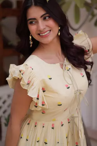 Incredible Cream Embroidered Cotton Daily Wear Dress