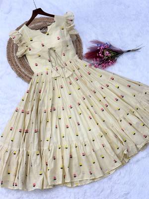 Incredible Cream Embroidered Cotton Daily Wear Dress 9