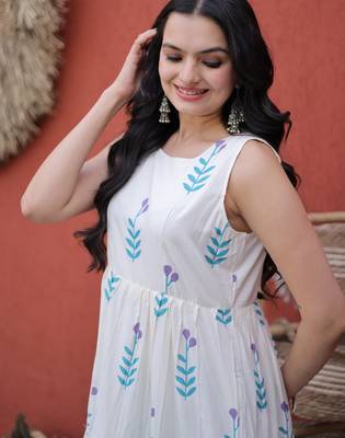 Fabulous Sky Blue Printed Cotton Daily Wear Dress 8