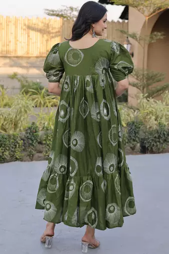 Exclusive Green Printed Cotton Casual Wear Dress
