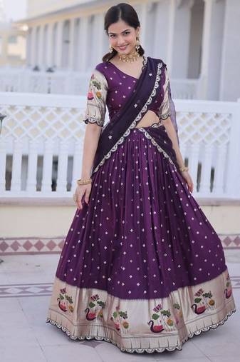 Womens New Bollywood Dola silk with Meena Weaving With Sequins coding Embroidered lace Work Lehenga Choli