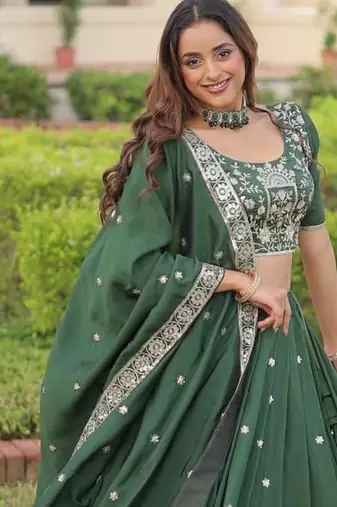 Womens New Fancy Vichitra Silk With Sequins, Zari & Thread Embroidered work Lehenga Choli,Dupatta Set