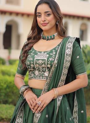 Womens Fancy Vichitra Silk With Sequins, Zari & Thread Embroidered work Lehenga Choli,Dupatta Set 3