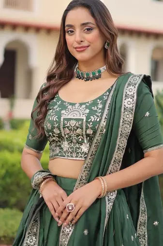 Womens New Fancy Vichitra Silk With Sequins, Zari & Thread Embroidered work Lehenga Choli,Dupatta Set