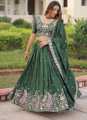 Womens Fancy Vichitra Silk With Sequins, Zari & Thread Embroidered work Lehenga Choli,Dupatta Set 4