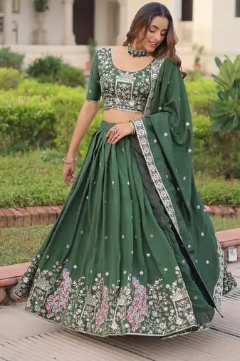 Womens New Fancy Vichitra Silk With Sequins, Zari & Thread Embroidered work Lehenga Choli,Dupatta Set