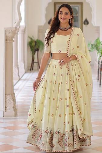 Womens New Fancy Vichitra Silk With Sequins, Zari & Thread Embroidered work Lehenga Choli,Dupatta Set