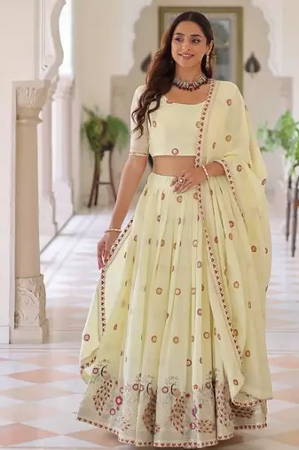 Womens New Fancy Vichitra Silk With Sequins, Zari & Thread Embroidered work Lehenga Choli,Dupatta Set