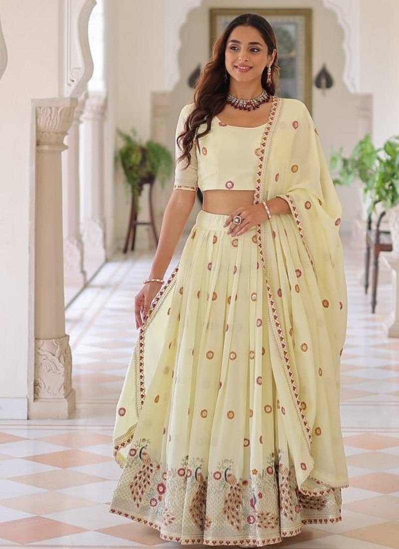 Womens New Fancy Vichitra Silk With Sequins, Zari & Thread Embroidered work Lehenga Choli,Dupatta Set