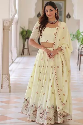 Womens Fancy Vichitra Silk With Sequins, Zari & Thread Embroidered work Lehenga Choli,Dupatta Set