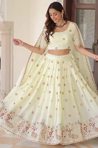 Womens Fancy Vichitra Silk With Sequins, Zari & Thread Embroidered work Lehenga Choli,Dupatta Set