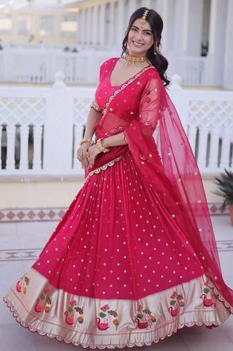 Womens New Bollywood Dola silk with Meena Weaving With Sequins coding Embroidered lace Work Lehenga Choli