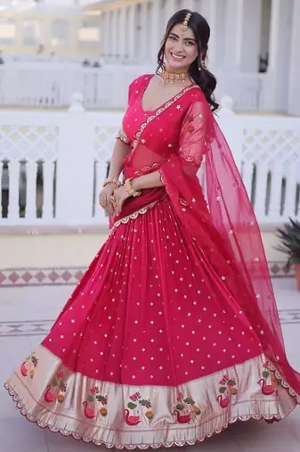 Womens New Bollywood Dola silk with Meena Weaving With Sequins coding Embroidered lace Work Lehenga Choli