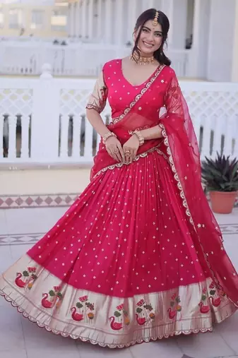 Womens New Bollywood Dola silk with Meena Weaving With Sequins coding Embroidered lace Work Lehenga Choli