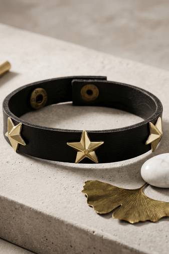 Pure leather star charms unisex bracelet men women bikers accessory