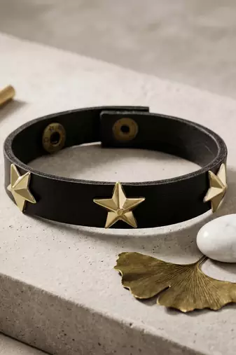 Pure leather star charms unisex bracelet men women bikers accessory