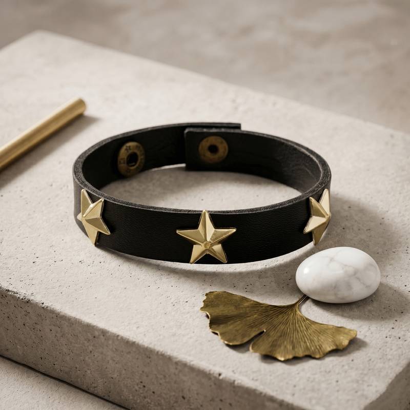 Pure leather star charms unisex bracelet men women bikers accessory