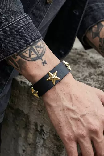Pure leather star charms unisex bracelet men women bikers accessory