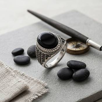 Brass antique silver plated black onyx finger ring men evil protection 1