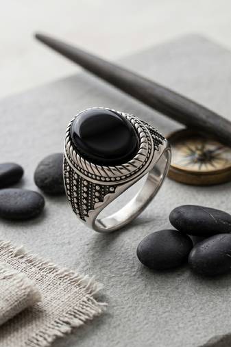 Brass antique silver plated black onyx finger ring men evil protection