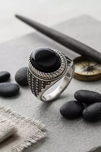 Brass antique silver plated black onyx finger ring men evil protection