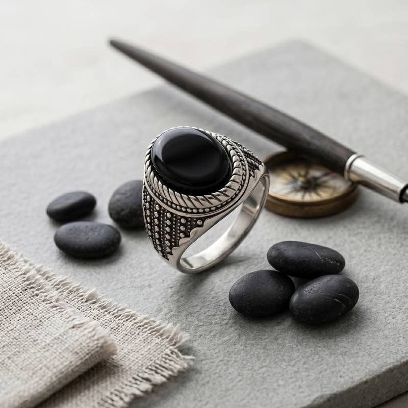 Brass antique silver plated black onyx finger ring men evil protection