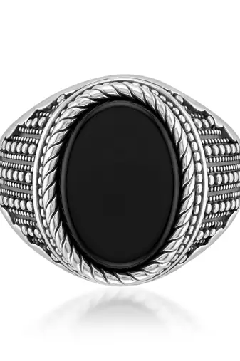 Brass antique silver plated black onyx finger ring men evil protection