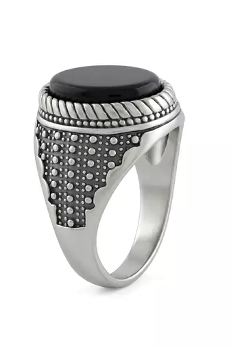 Brass antique silver plated black onyx finger ring men evil protection