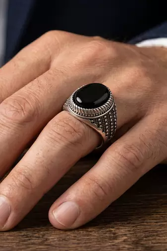 Brass antique silver plated black onyx finger ring men evil protection