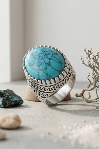 Brass silver natural turquoise firoza finger ring for men