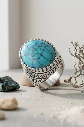 Brass silver natural turquoise firoza finger ring for men