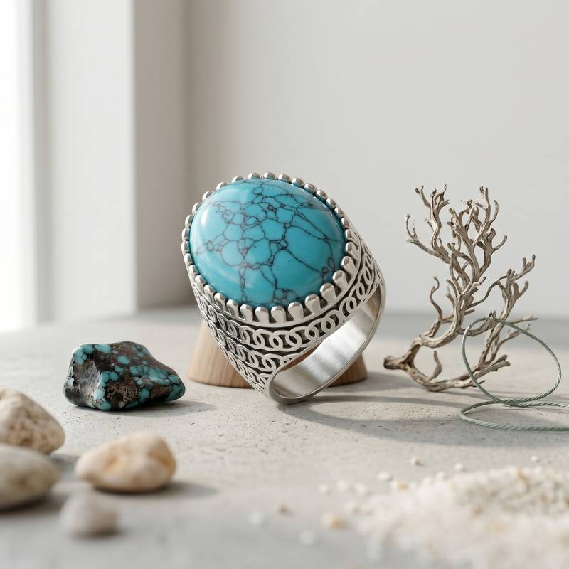 Brass silver natural turquoise firoza finger ring for men